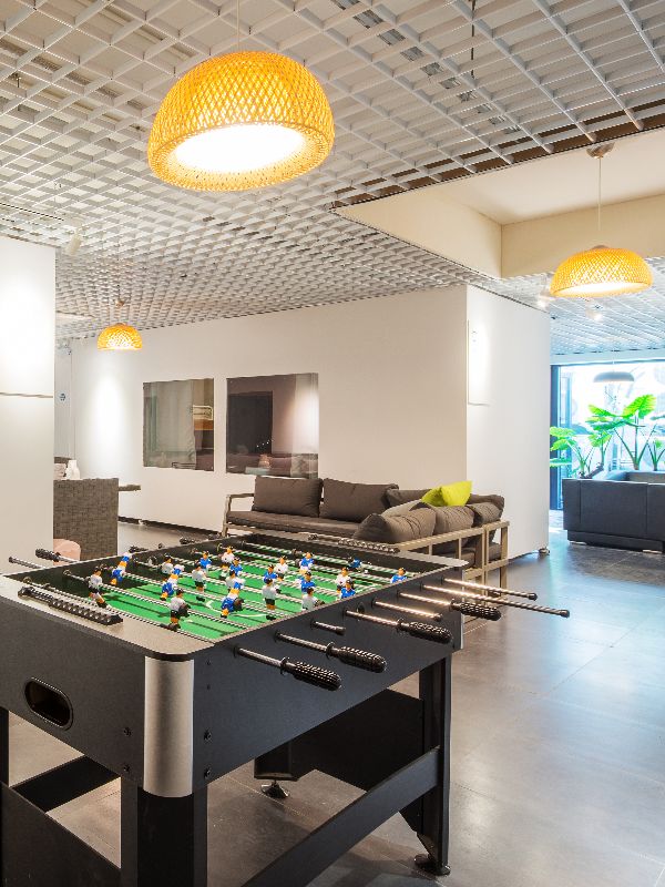 A foosball table in a game room